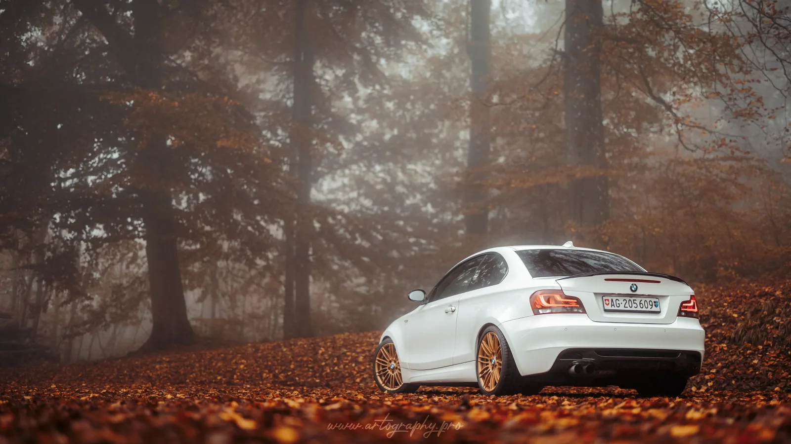 Weisses Coupé in einem herbstlichen Wald