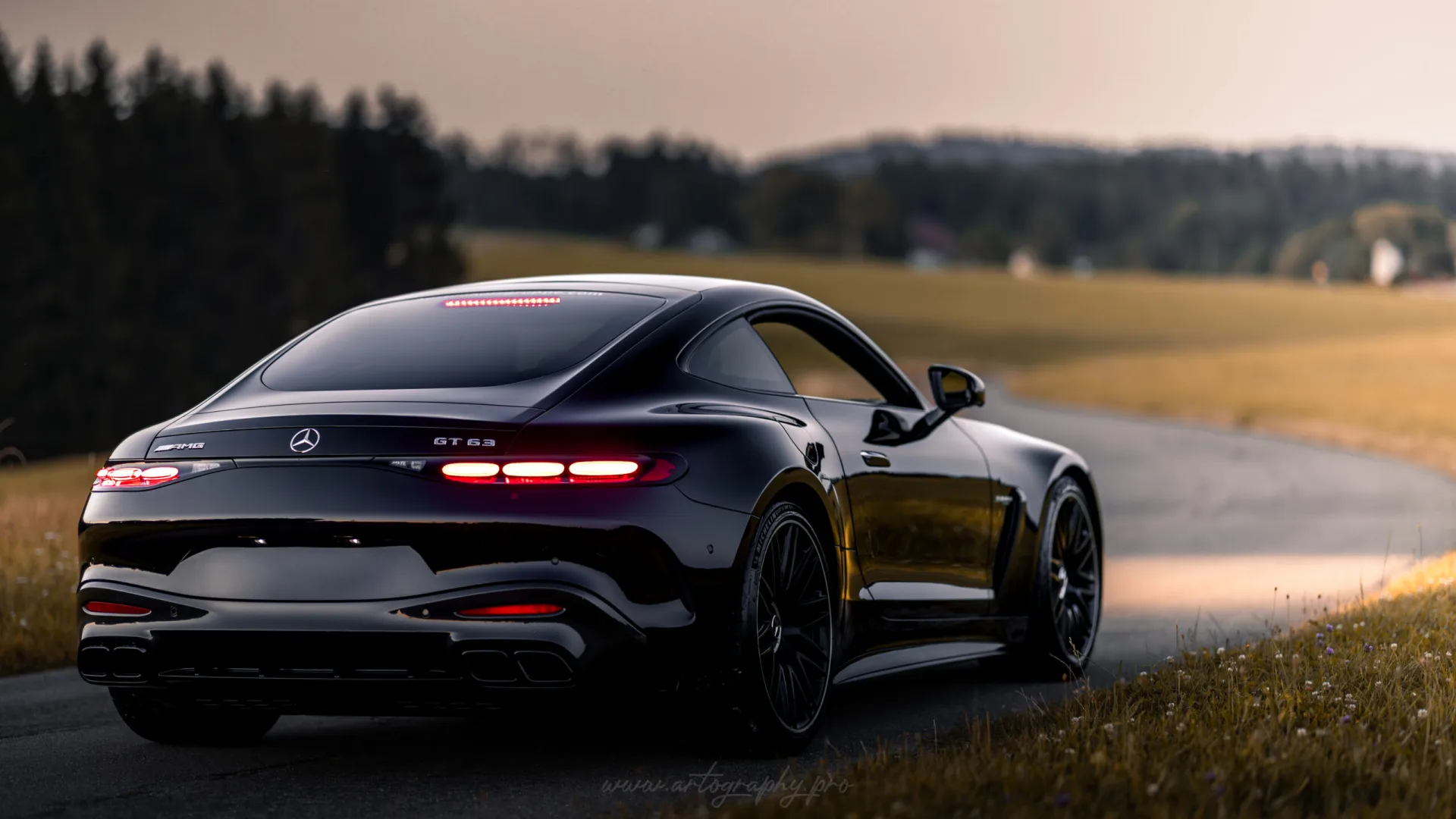 Mercedes-AMG GT aus der Heckperspektive im Abendlicht